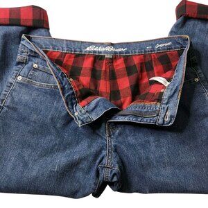 Eddie Bauer Jeans Mens 34x30 Flannel Lined Red Buffalo Plaid Straight Leg